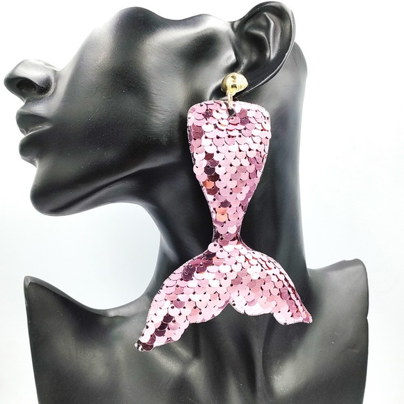 Creative Reflective Sequins Mermaid Tail gold post long Earrings for single ear - Picture 3 of 16